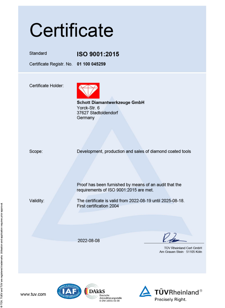 Certificate for Schott Diamantwerkzeuge GmbH ISO 9001:2015