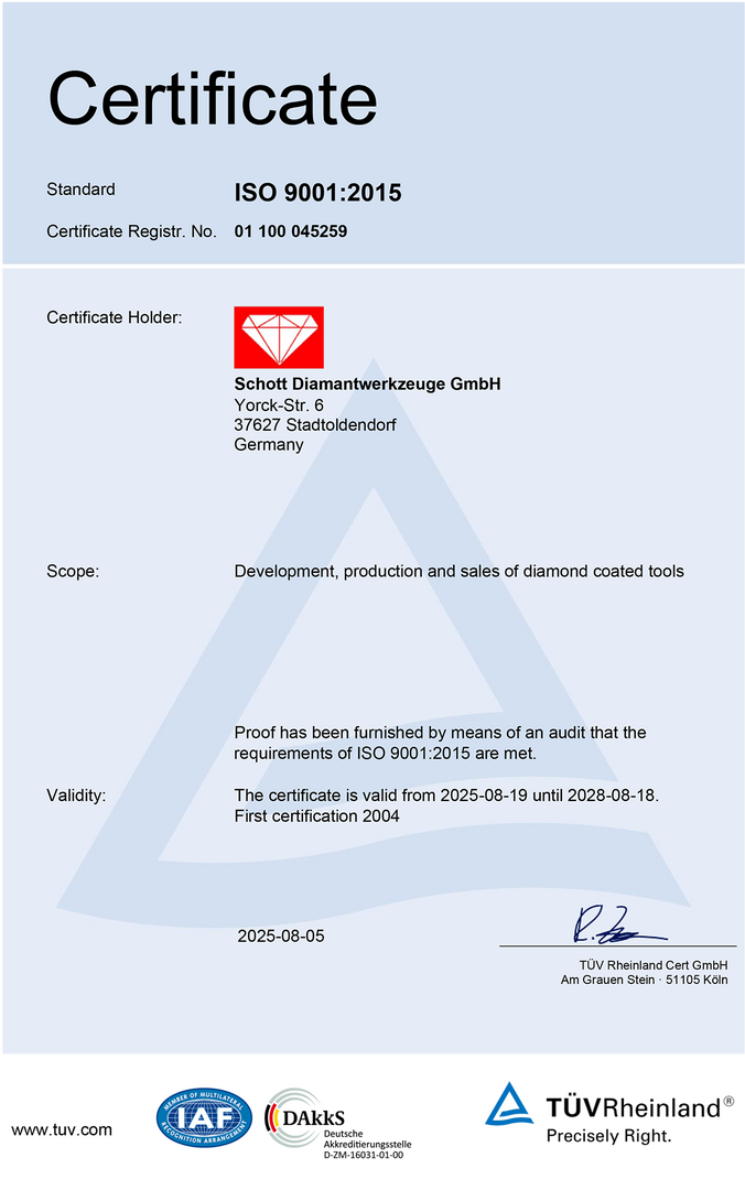 Certificate for Schott Diamantwerkzeuge GmbH according to ISO 9001:2015