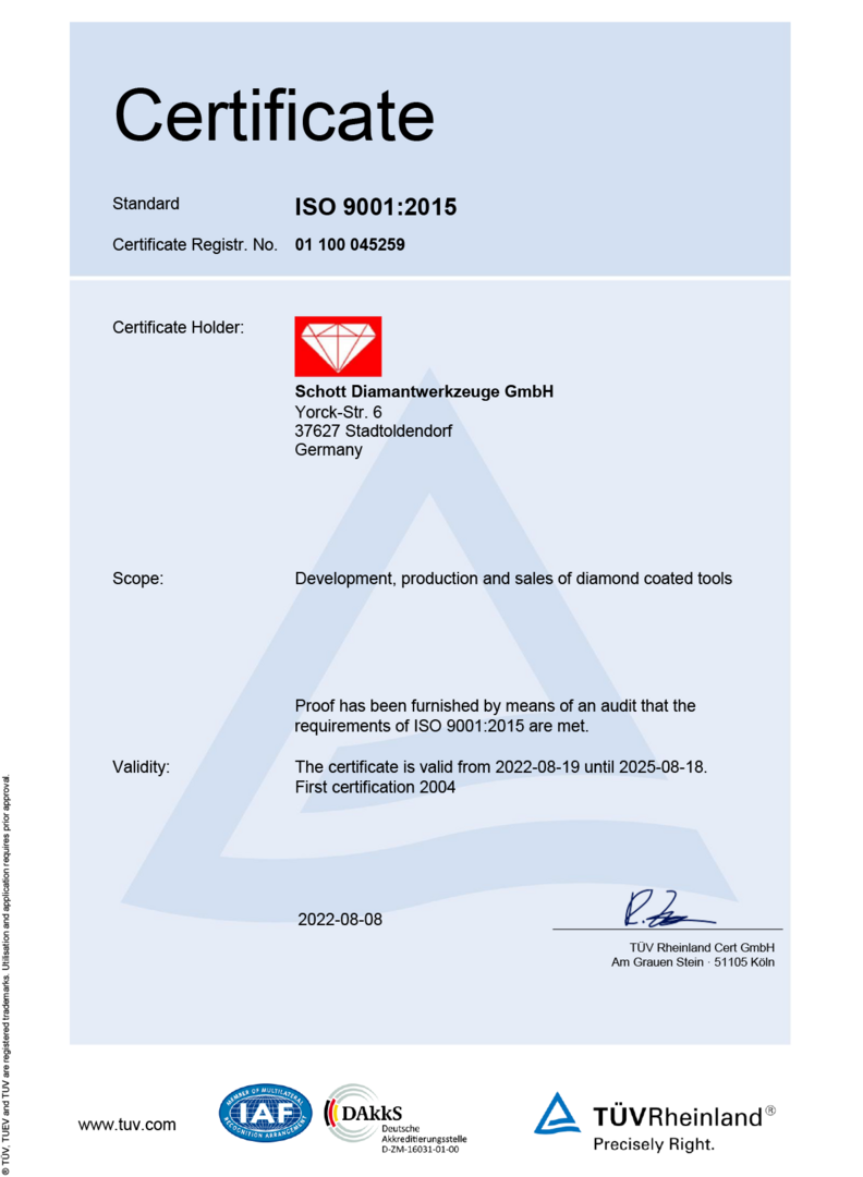 Certificate for Schott Diamantwerkzeuge GmbH according to ISO 9001:2015